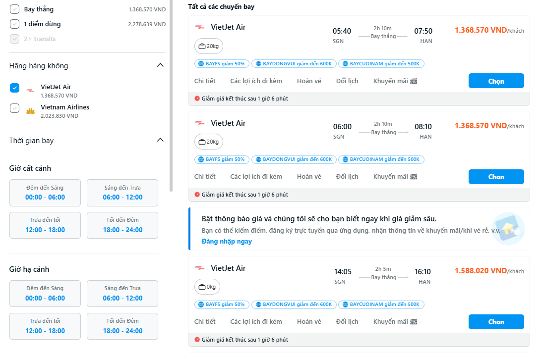 Tính năng thông báo giá vé máy bay của Traveloka